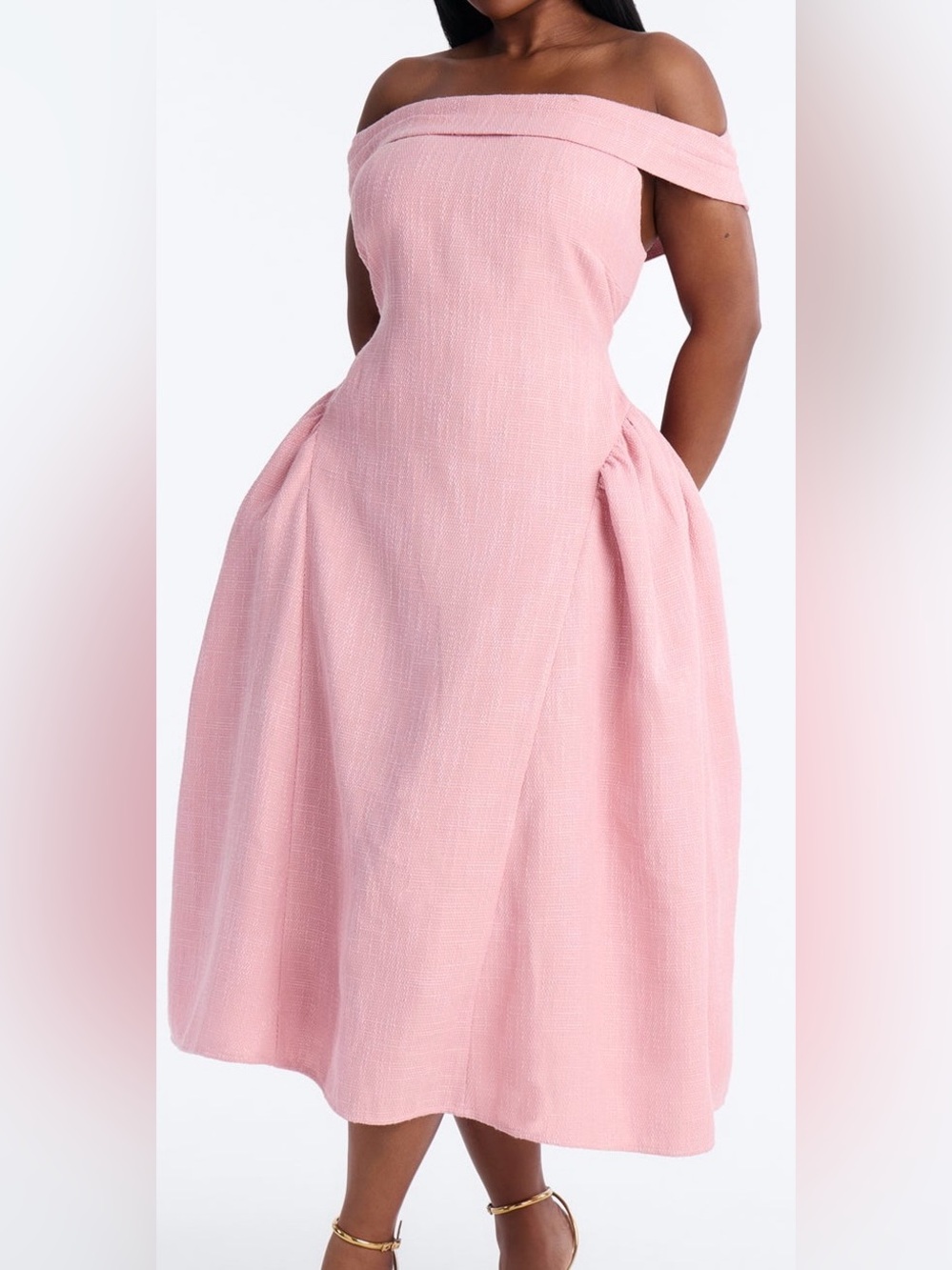NWT - Fashion Nova Pink Tweed Off Shoulder Princess Fit & Flare Midi Dress Large